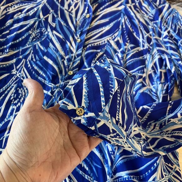 LILLY PULITZER Sea View Voile Button Down Shirt Rayon Blouse Blue‎ White Sz S - Picture 8 of 10